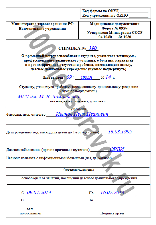 бланк справка 095 у бланк скачать